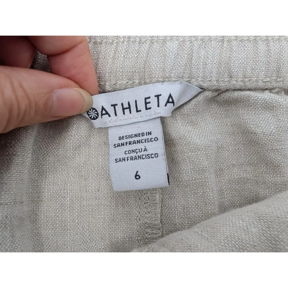 Athleta Voyager Size 6 Tan 100% Linen Zip Up Mini Skirt Adjustable Snap Pockets